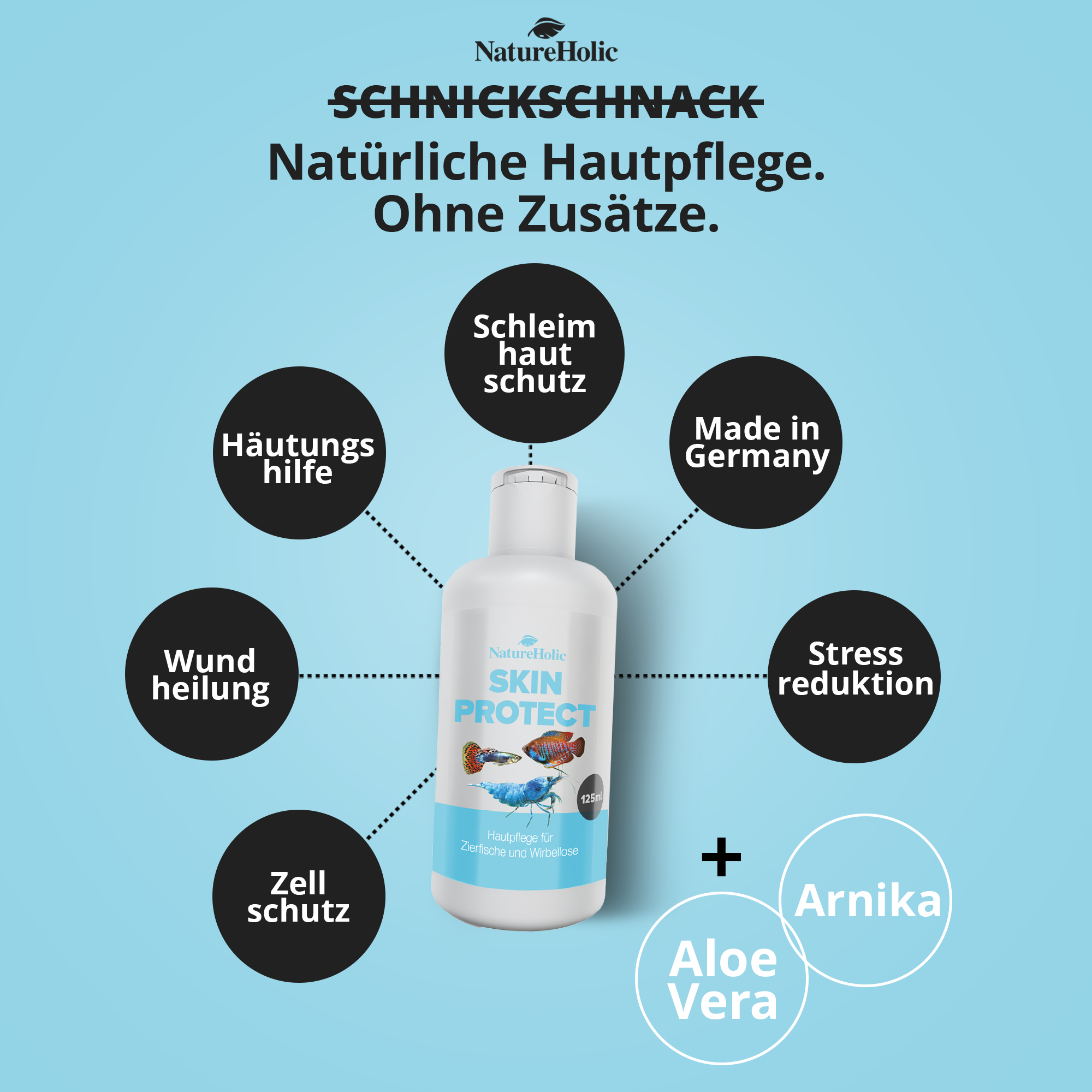 Skin Protect Flasche vor blauem Hintergrund, Pflege-Icons